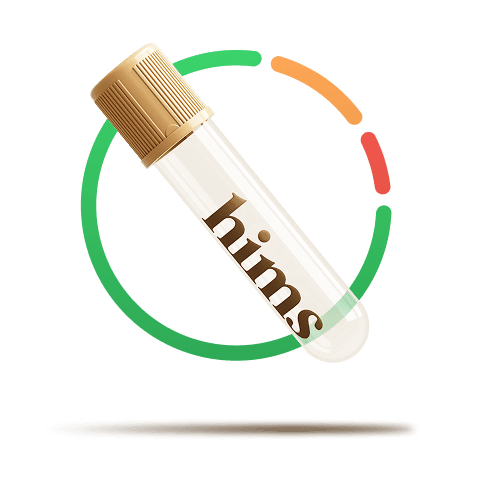 Partially-filled test tube vial with a circular line chart graphic behind it representing lab results in different categories