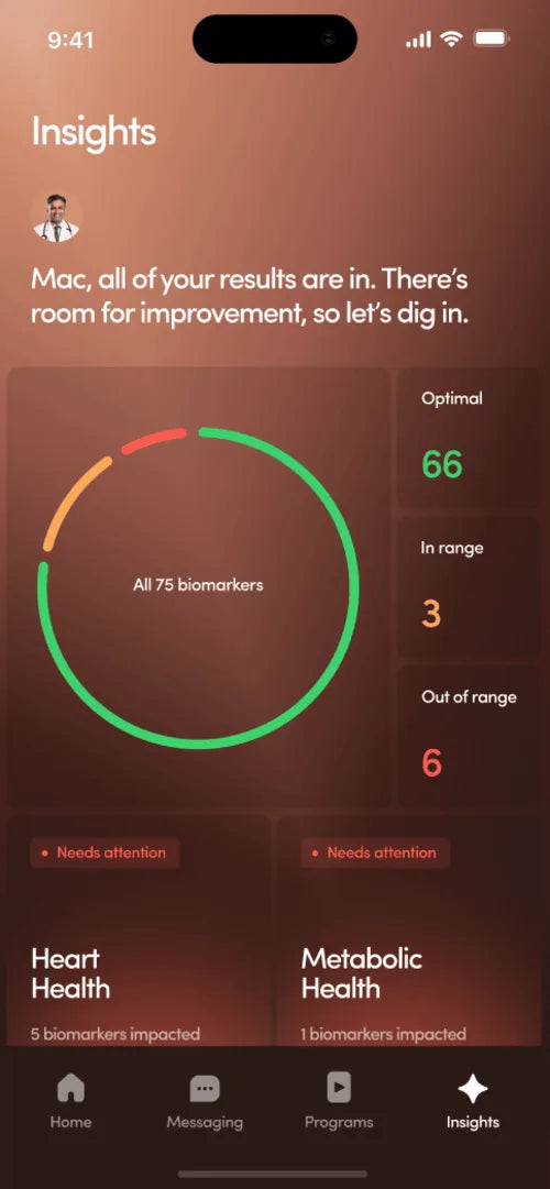 App screen showing the main Insights page with a snapshot of someone's lab results.